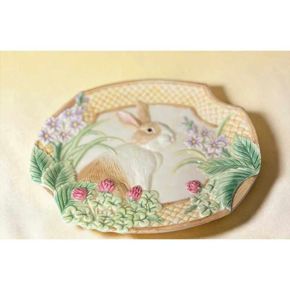 Fitz‎ & Floyd Essentials Botanical Bunny Rabbit Canape Plate Dish Bowl Embossed